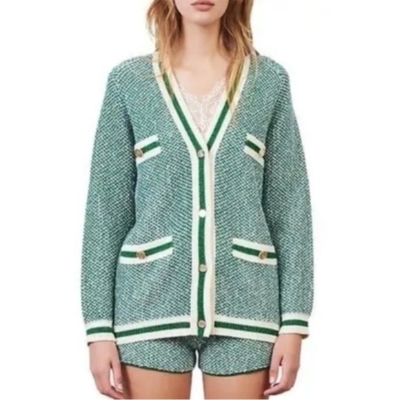 Maje Maitresse Green Lurex Metallic Threaded Cardigan Sweater Size 3, US Large - Picture 3 of 16